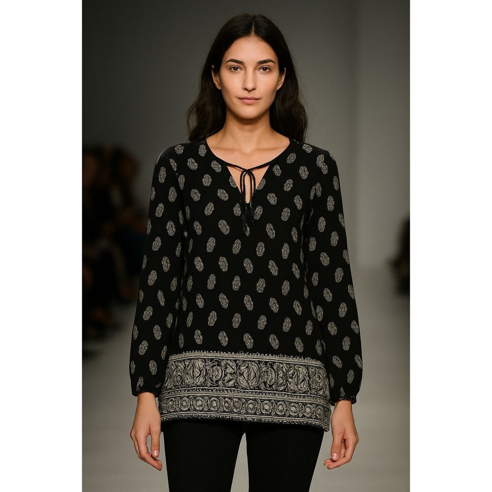 Faded Glory Women's Black Paisley Print Boho Top – Size‎ M, Long Sleeve Casual